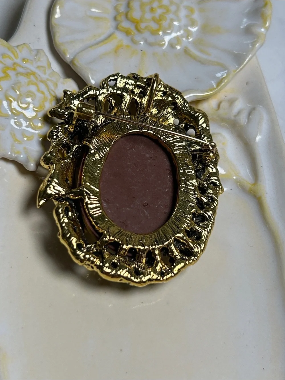 Vintage-Style Gold Cameo Brooch with Pink, Teal & Purple Crystals